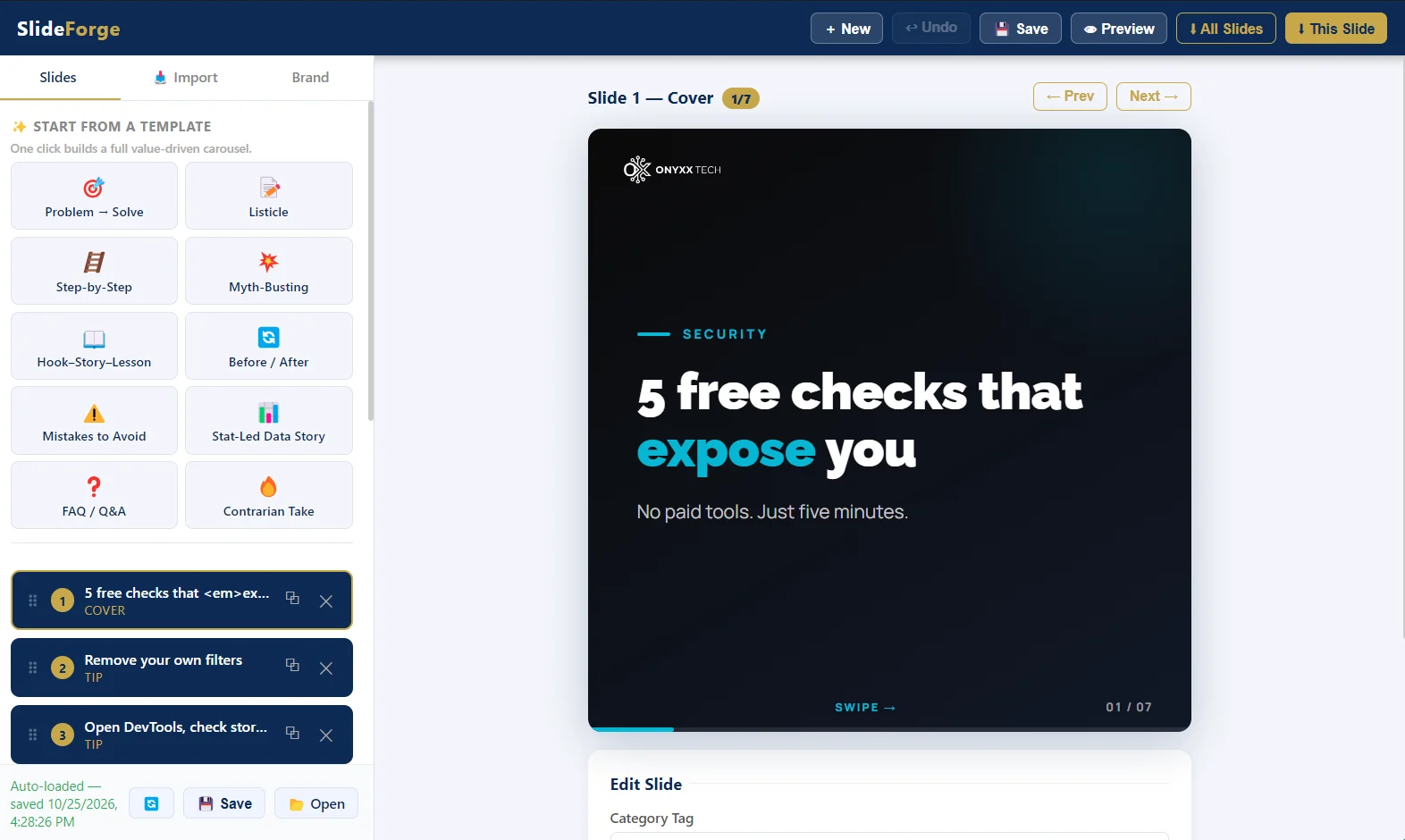 SlideForge carousel editor showing templates, a slide list and a branded cover slide